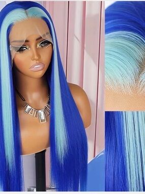 Two-Tone Electric Blue & Ice Blue Straight Lace Front Wig - Women Hair